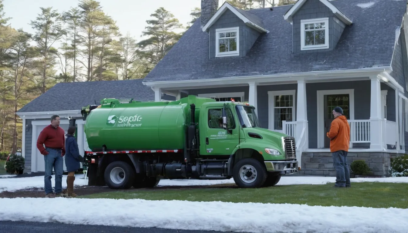 A friendly septic service provider talking with a homeowner beside a pumping truck in Hempstead