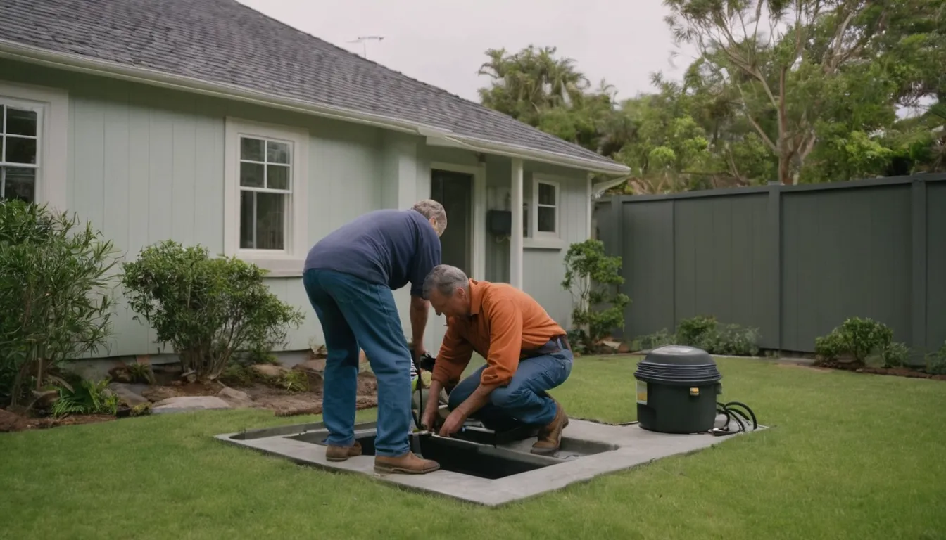 Septic provider inspecting an open tank access lid in a residential yard near Hempstead