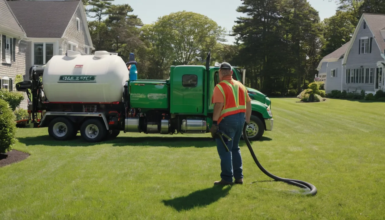 A septic provider's vacuum truck parked beside a home in Hempstead during a routine septic tank pumping visit