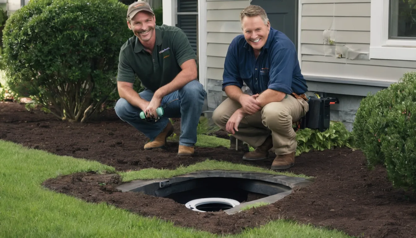Friendly local provider reviewing a sewer camera inspection with a homeowner in a yard near Hempstead